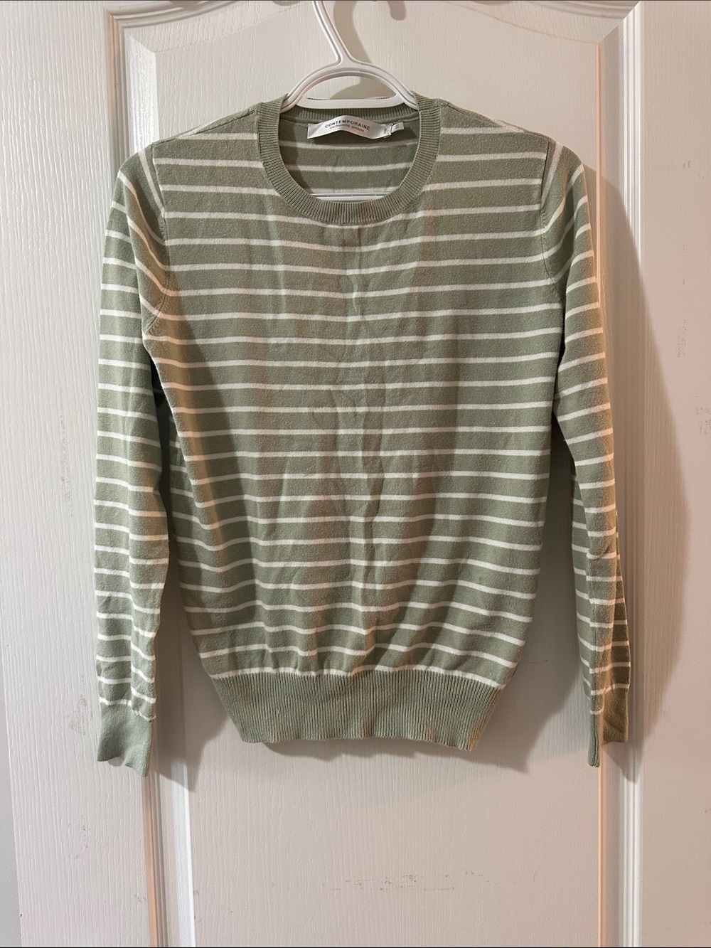 Women’s Striped Crewneck Sweater in Sage Green and White